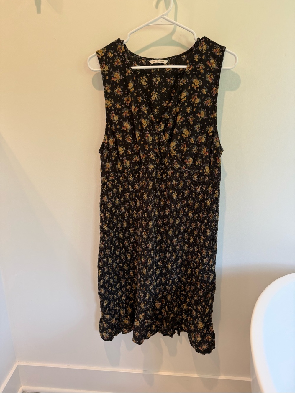 American Eagle Outfitters Black Floral V-Neck Dress with Yellow Accents